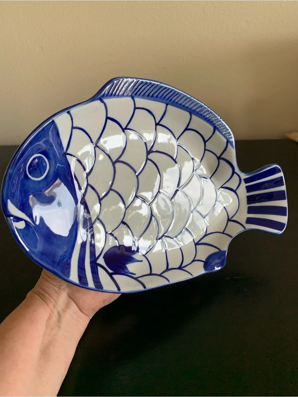 Dansk Arabesque Fish Shaped Shallow Bowl Cobalt Blue and White Dish Platter